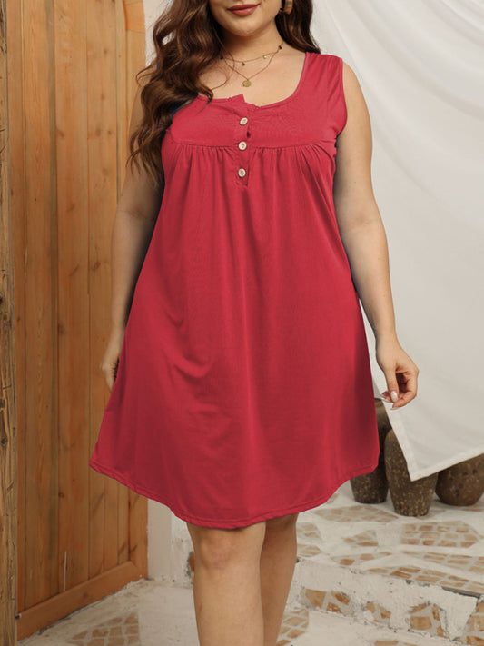Curvy Dresses- Summer Knee-Length Tank Dress for Curvy Fashionistas- Red- Chuzko Women Clothing