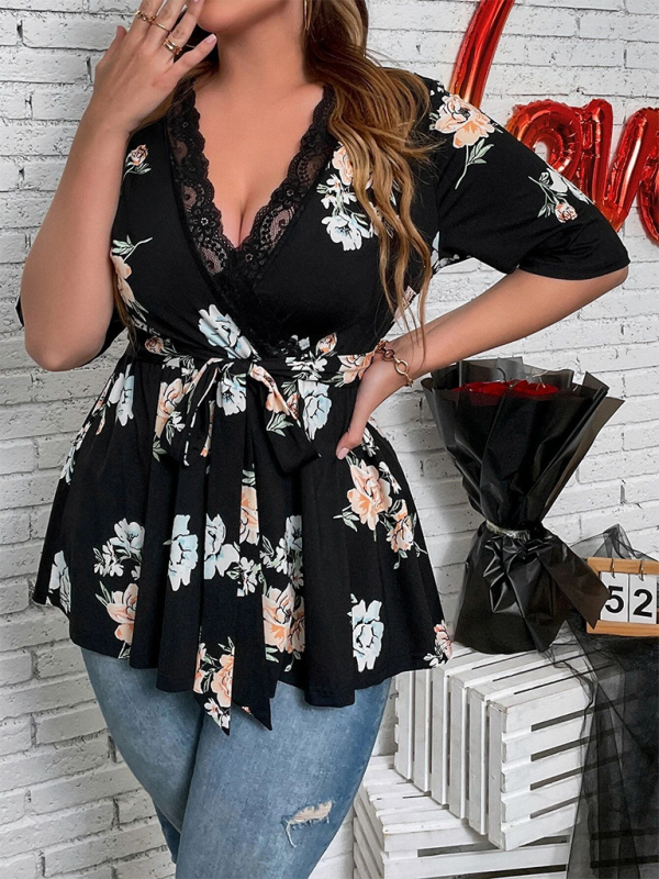 Curvy Tops- Floral Plus Size A-Line Blouse with Cinched Waist- Black- Chuzko Women Clothing