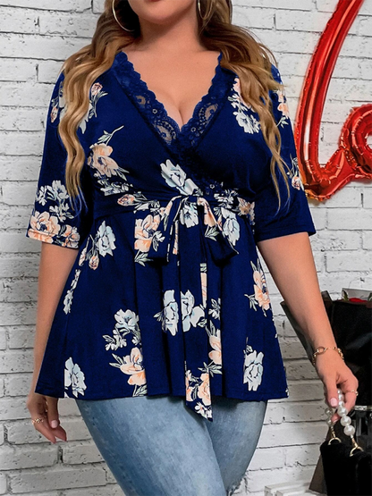 Curvy Tops- Floral Plus Size A-Line Blouse with Cinched Waist- - Chuzko Women Clothing