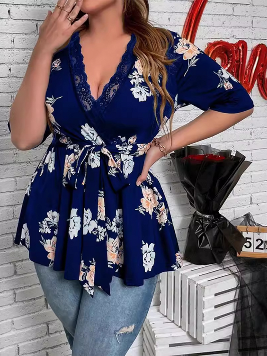 Curvy Tops- Floral Plus Size A-Line Blouse with Cinched Waist- Blue- Chuzko Women Clothing