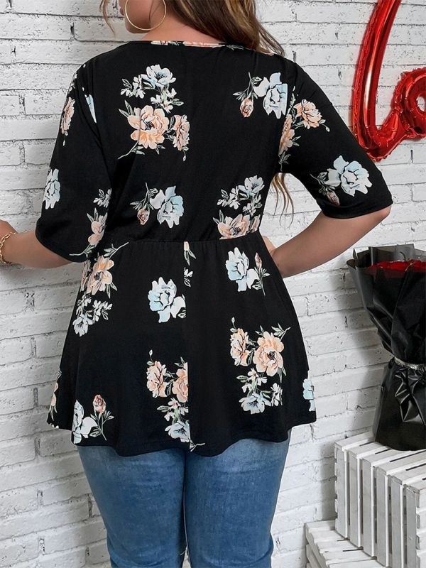 Curvy Tops- Floral Plus Size A-Line Blouse with Cinched Waist- - Chuzko Women Clothing