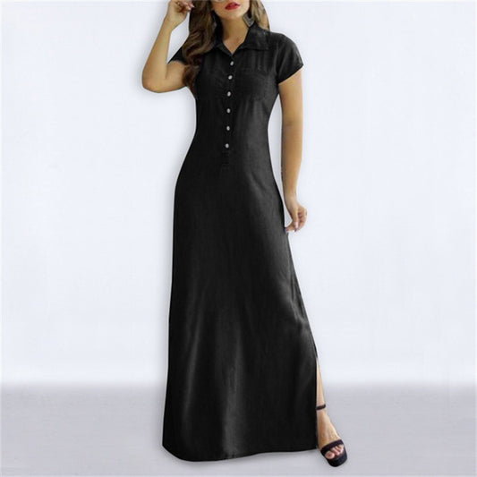Denim Dresses- Casual Lightweight Denim A-Line Maxi Dress with Short Sleeves- Black- Chuzko Women Clothing