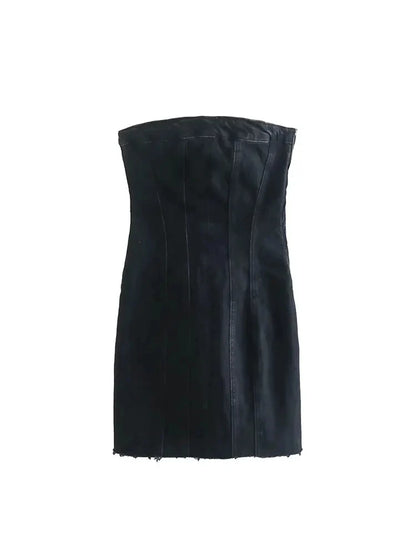 Denim Dresses- Summer Frayed Hem Denim Strapless Mini Dress- Black- Chuzko Women Clothing