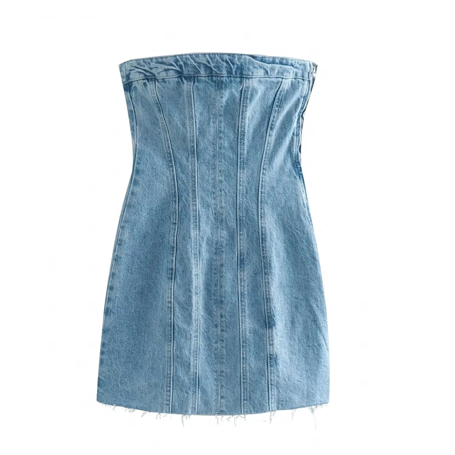 Denim Dresses- Summer Frayed Hem Denim Strapless Mini Dress- - Chuzko Women Clothing