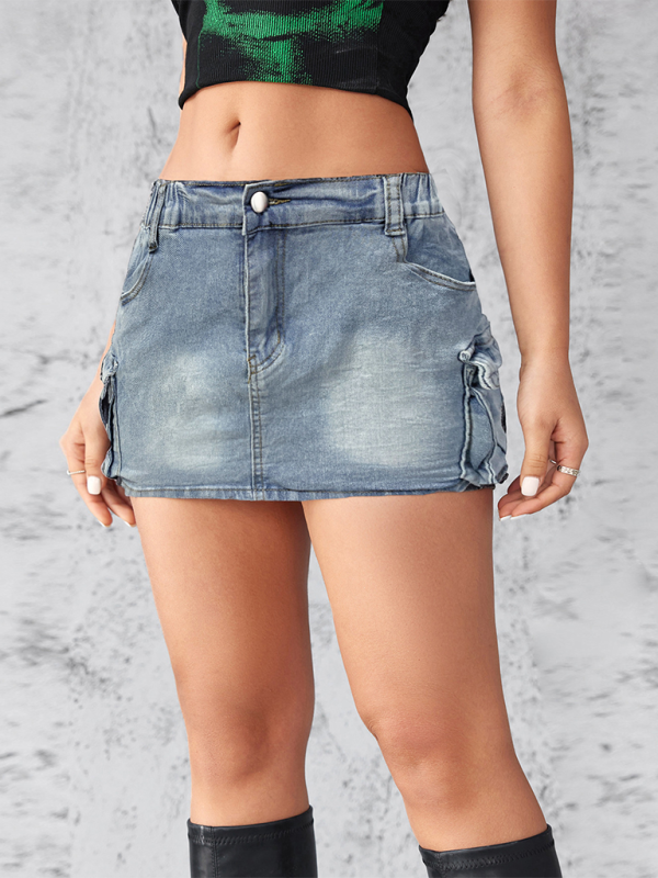 Denim Skirts- Edgy Mini Denim Skirt in Cargo Style- - Chuzko Women Clothing