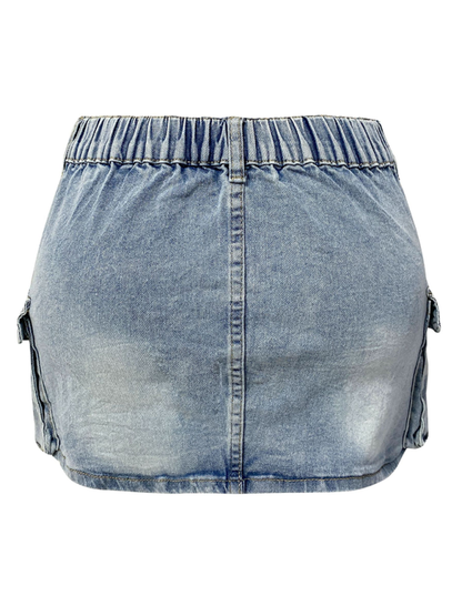 Denim Skirts- Edgy Mini Denim Skirt in Cargo Style- - Chuzko Women Clothing