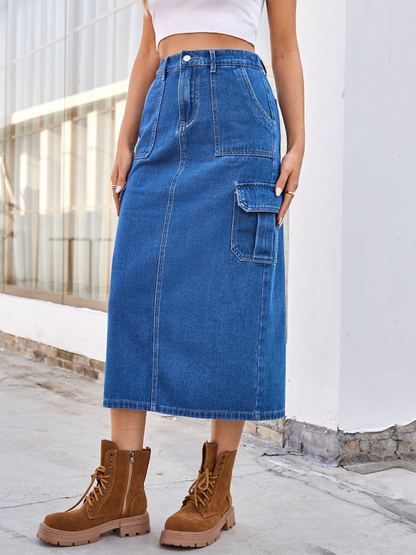 Functional Cargo Denim Mid-Calf Skirt