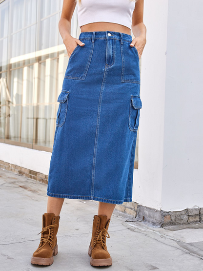 Functional Cargo Denim Mid-Calf Skirt