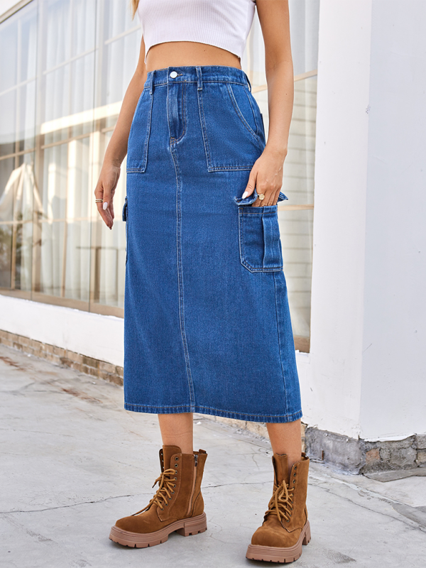 Functional Cargo Denim Mid-Calf Skirt