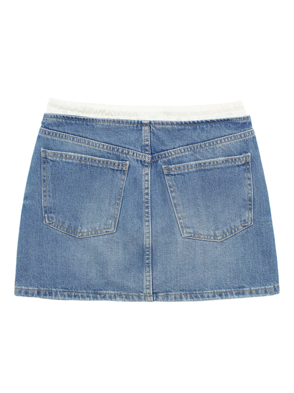 Denim Skrits- Women Edgy Denim Mini Skirt with Contrast Waistband- - Chuzko Women Clothing