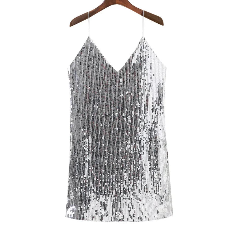 Disco Dresses- Glam Night Out V-Neck Sequined Cocktail Dress- - Chuzko Women Clothing