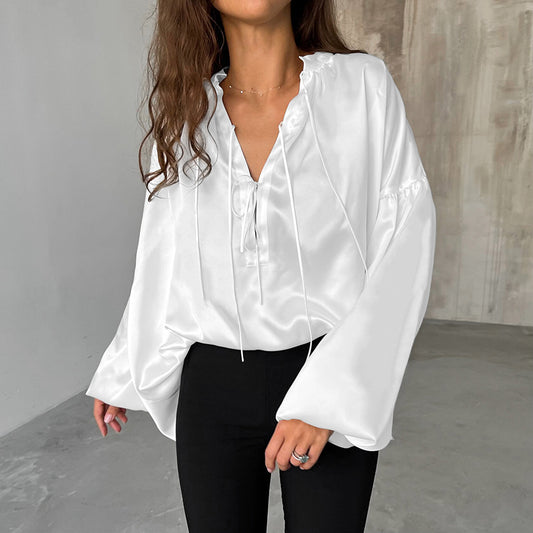 Oversized Satin Lantern Sleeve Shirt Blouse for Business Women