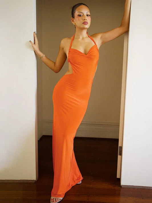 Elegant Dresses- Backless Orange Halter Maxi Dress for Evening Events- - Chuzko Women Clothing