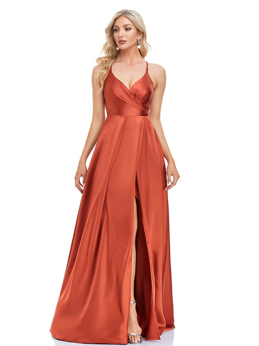 Elegant Dresses- Burnt Sienna Satin Maxi Dress for Elegant Evenings- Orange-red- Chuzko Women Clothing
