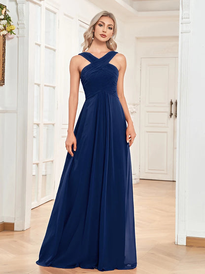 Elegant Dresses- Chiffon A-Line Dress for Gala & Wedding Seasons- Navy Blue- Chuzko Women Clothing