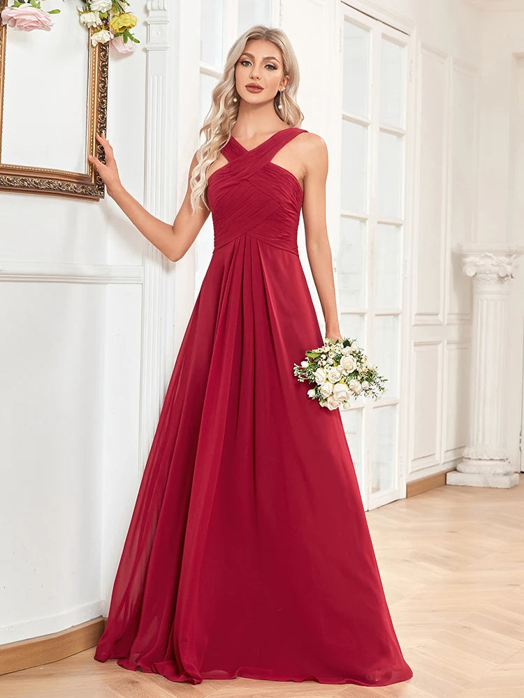 Elegant Dresses- Chiffon A-Line Dress for Gala & Wedding Seasons- Burgundy- Chuzko Women Clothing