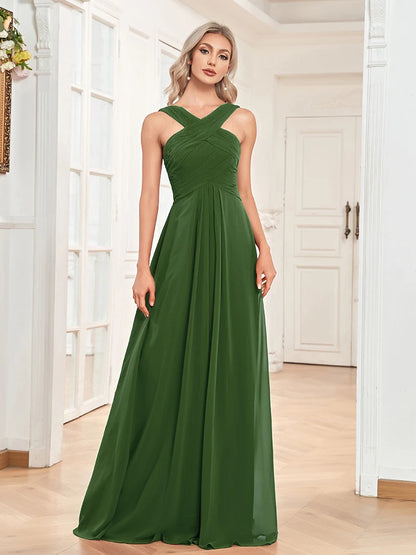 Elegant Dresses- Chiffon A-Line Dress for Gala & Wedding Seasons- Dark Green- Chuzko Women Clothing