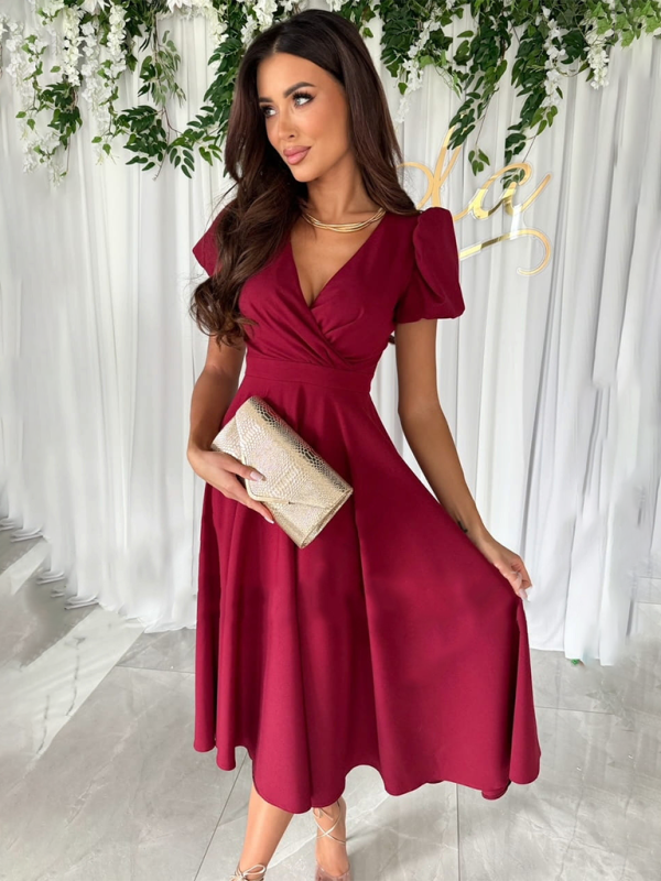 Elegant Dresses- Cocktail Couture Surplice V-Neck Dress with Puff Sleeves- Wine Red- Chuzko Women Clothing