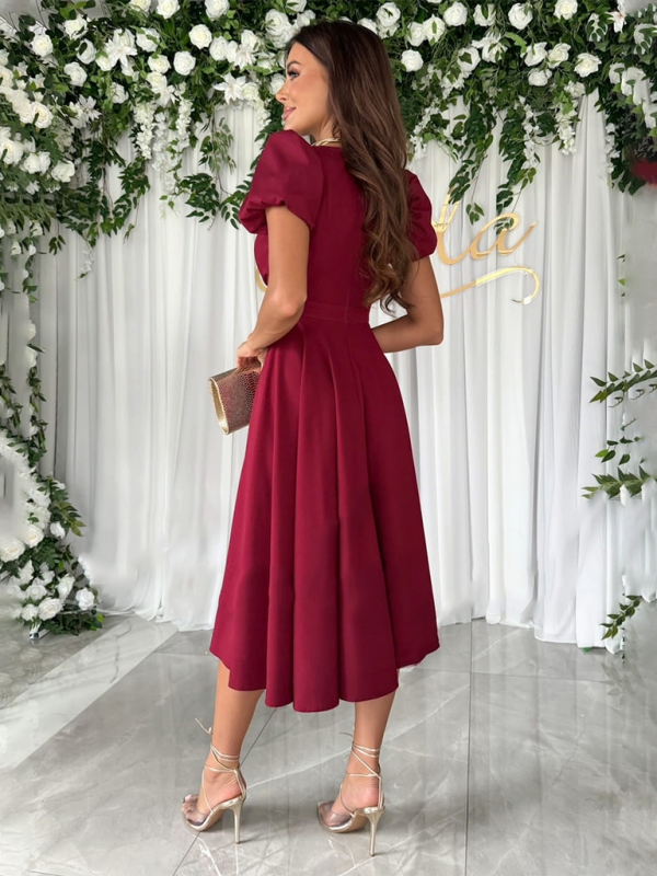 Elegant Dresses- Cocktail Couture Surplice V-Neck Dress with Puff Sleeves- - Chuzko Women Clothing