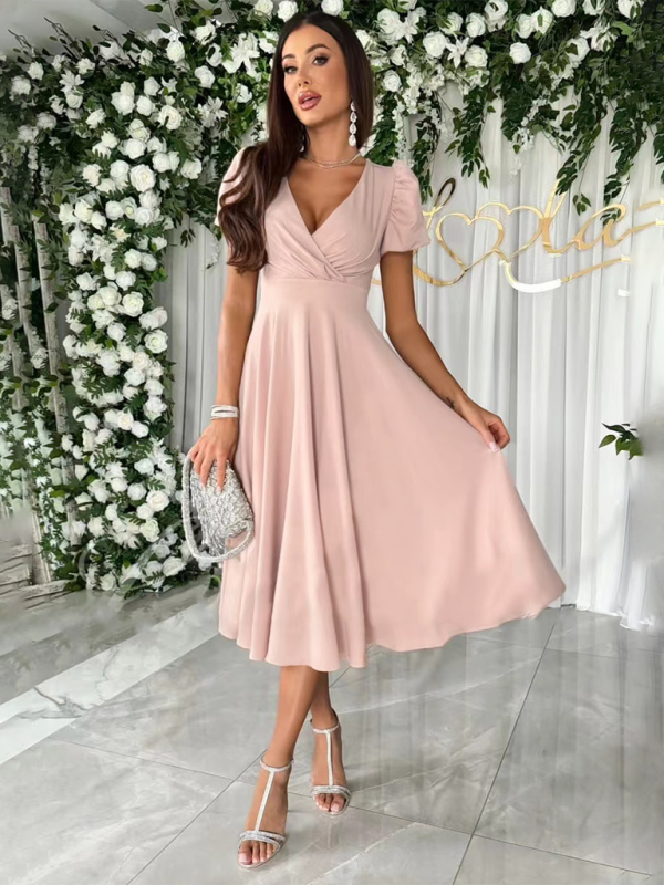 Elegant Dresses- Cocktail Couture Surplice V-Neck Dress with Puff Sleeves- - Chuzko Women Clothing