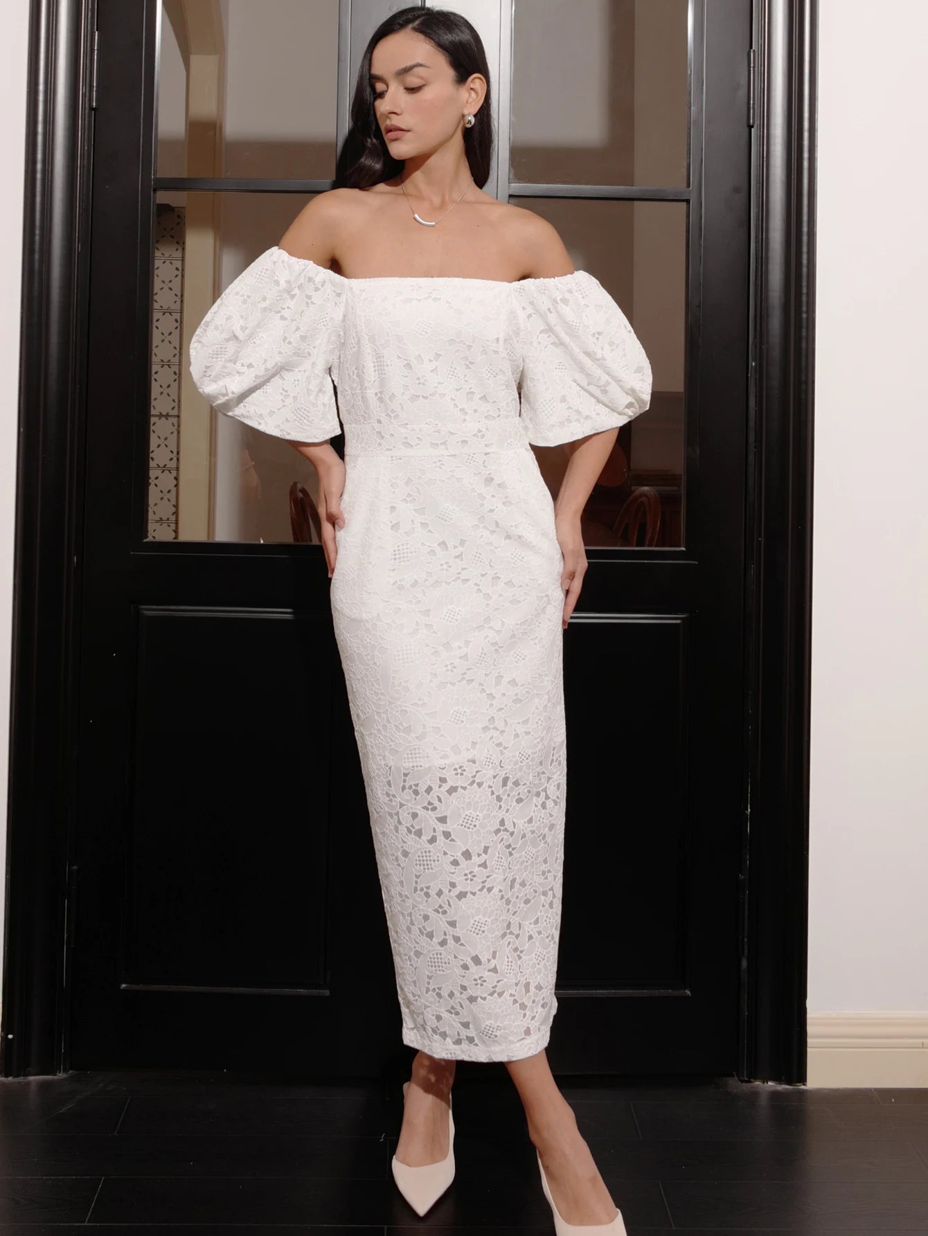 Elegant Dresses- Elegant Balloon Sleeve Midi Dress for Wedding Receptions- - Chuzko Women Clothing