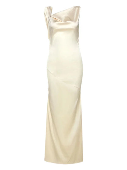 Elegant Dresses- Elegant Cowl Backless Mermaid Maxi Dress in Satin Finish- APRICOT- Chuzko Women Clothing