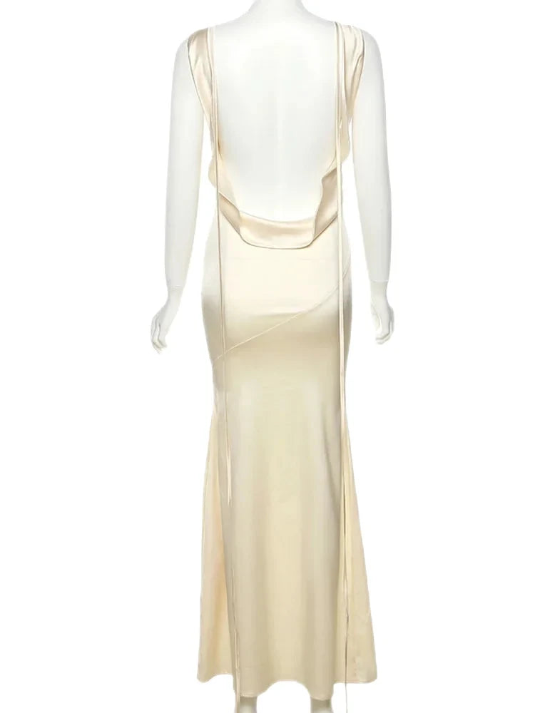 Elegant Dresses- Elegant Cowl Backless Mermaid Maxi Dress in Satin Finish- - Chuzko Women Clothing
