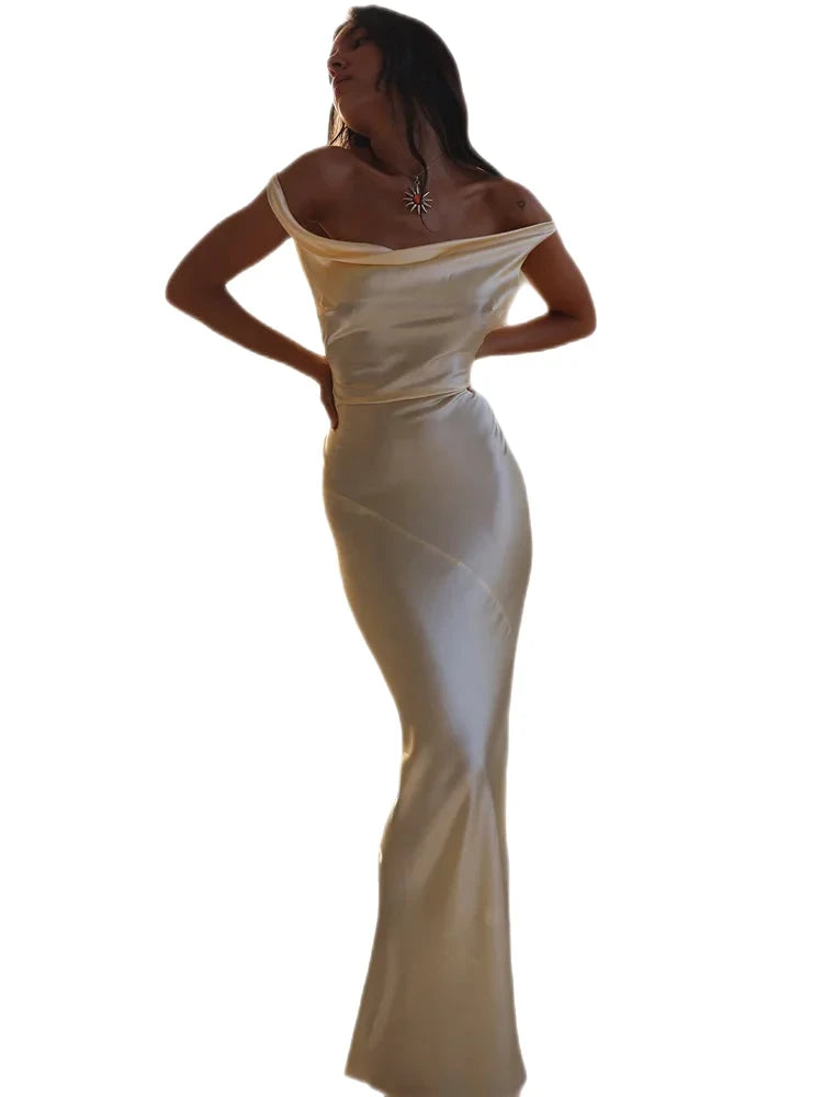 Elegant Dresses- Elegant Cowl Backless Mermaid Maxi Dress in Satin Finish- - Chuzko Women Clothing