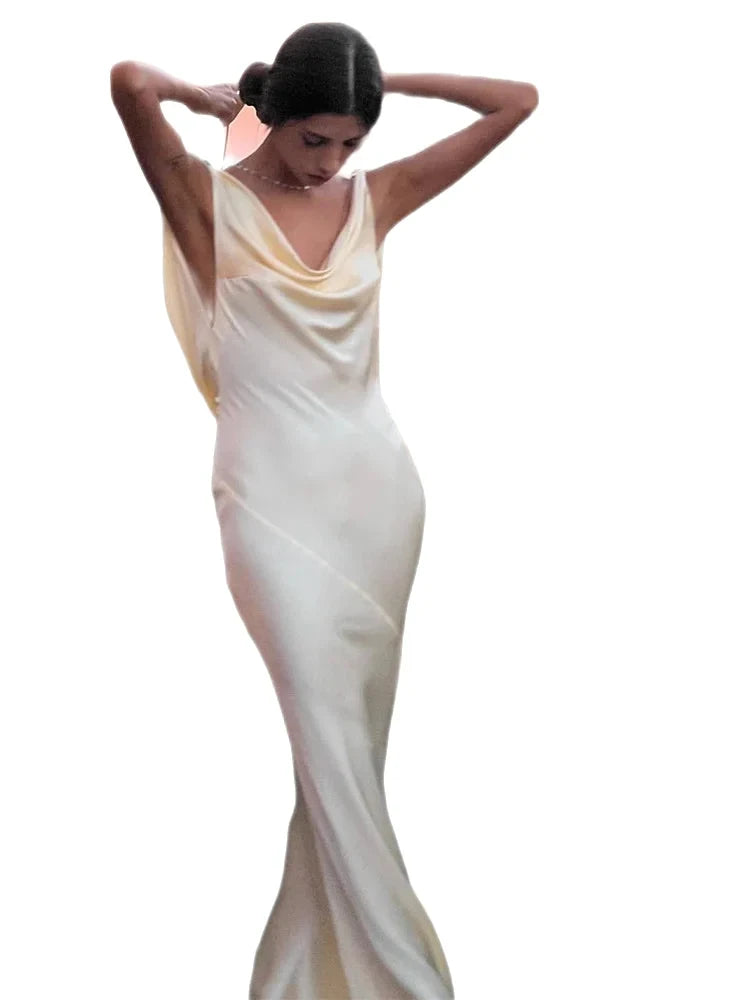 Elegant Dresses- Elegant Cowl Backless Mermaid Maxi Dress in Satin Finish- - Chuzko Women Clothing