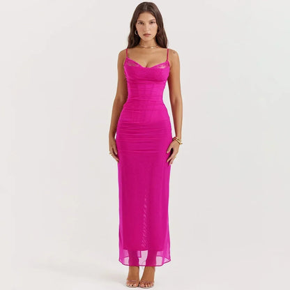 Elegant Dresses- Elegant Evening Mesh Overlay Corset Dress for Black-Tie Affairs- Pink- Chuzko Women Clothing