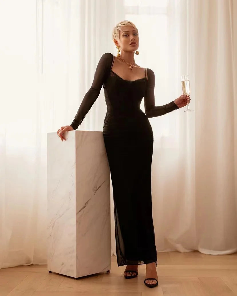 Elegant Dresses- Elegant Evening Mesh Overlay Corset Dress for Black-Tie Affairs- Black- Chuzko Women Clothing