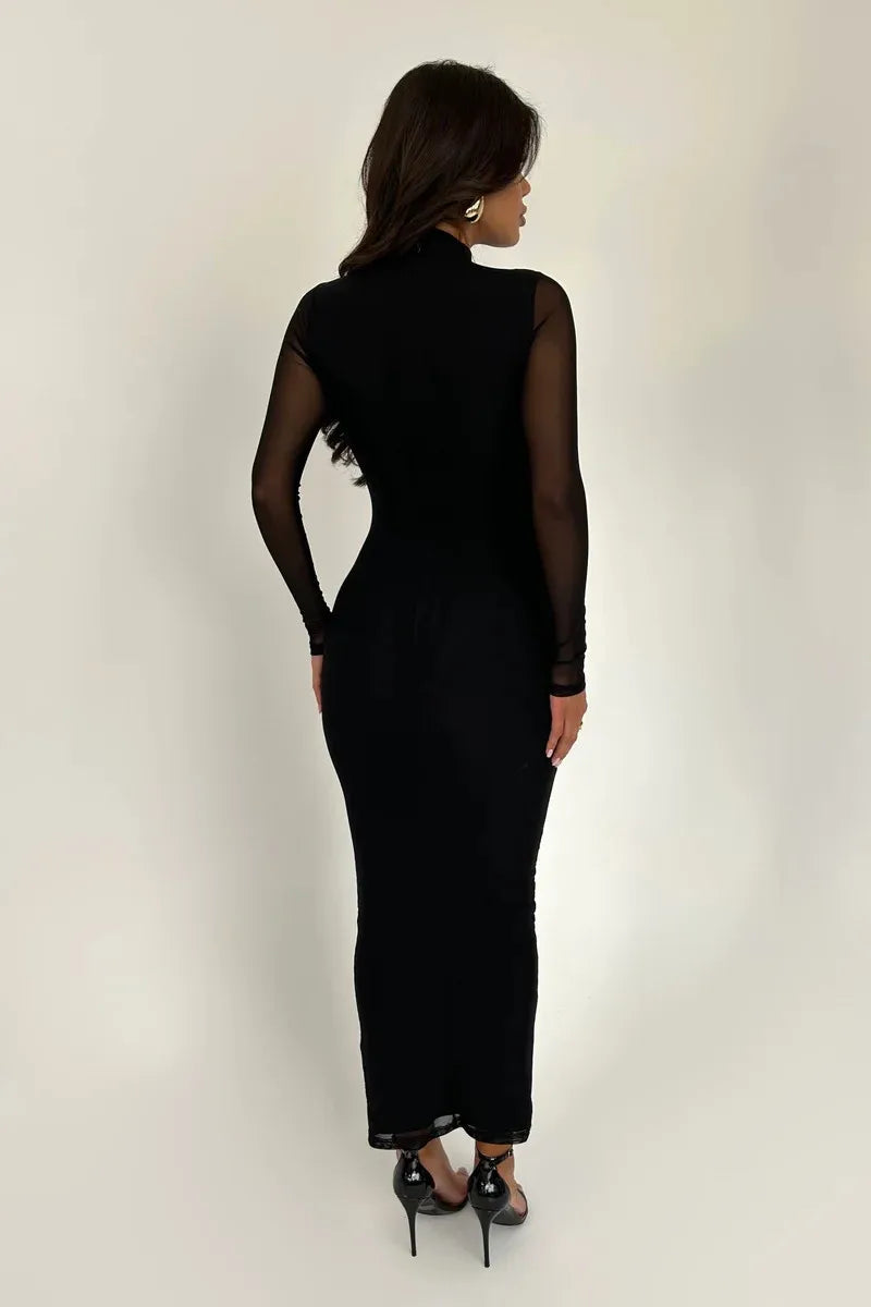 Elegant Dresses- Elegant Ruched Dress with Sheer Sleeves- - Chuzko Women Clothing