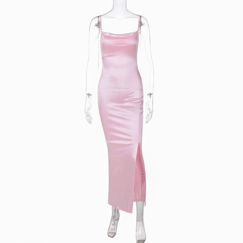 Elegant Dresses- Elegant Satin Evening Gown - Pink Maxi Dress for Prom Night- Pink- Chuzko Women Clothing