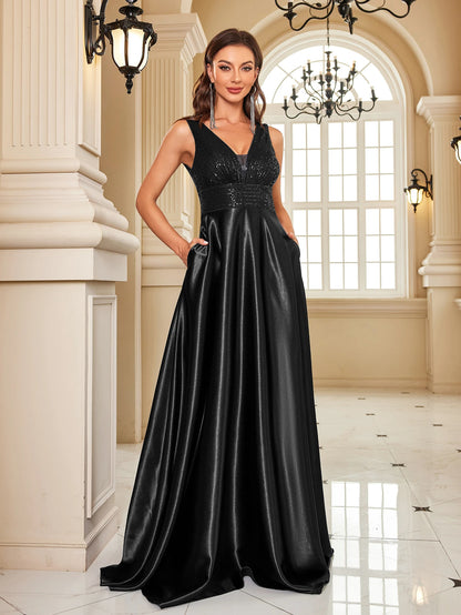 Elegant Dresses- Elegant Satin & Sequin Gown - Evening Dress- Black- Chuzko Women Clothing