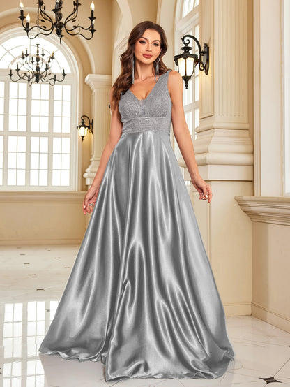 Elegant Dresses- Elegant Satin & Sequin Gown - Evening Dress- - Chuzko Women Clothing