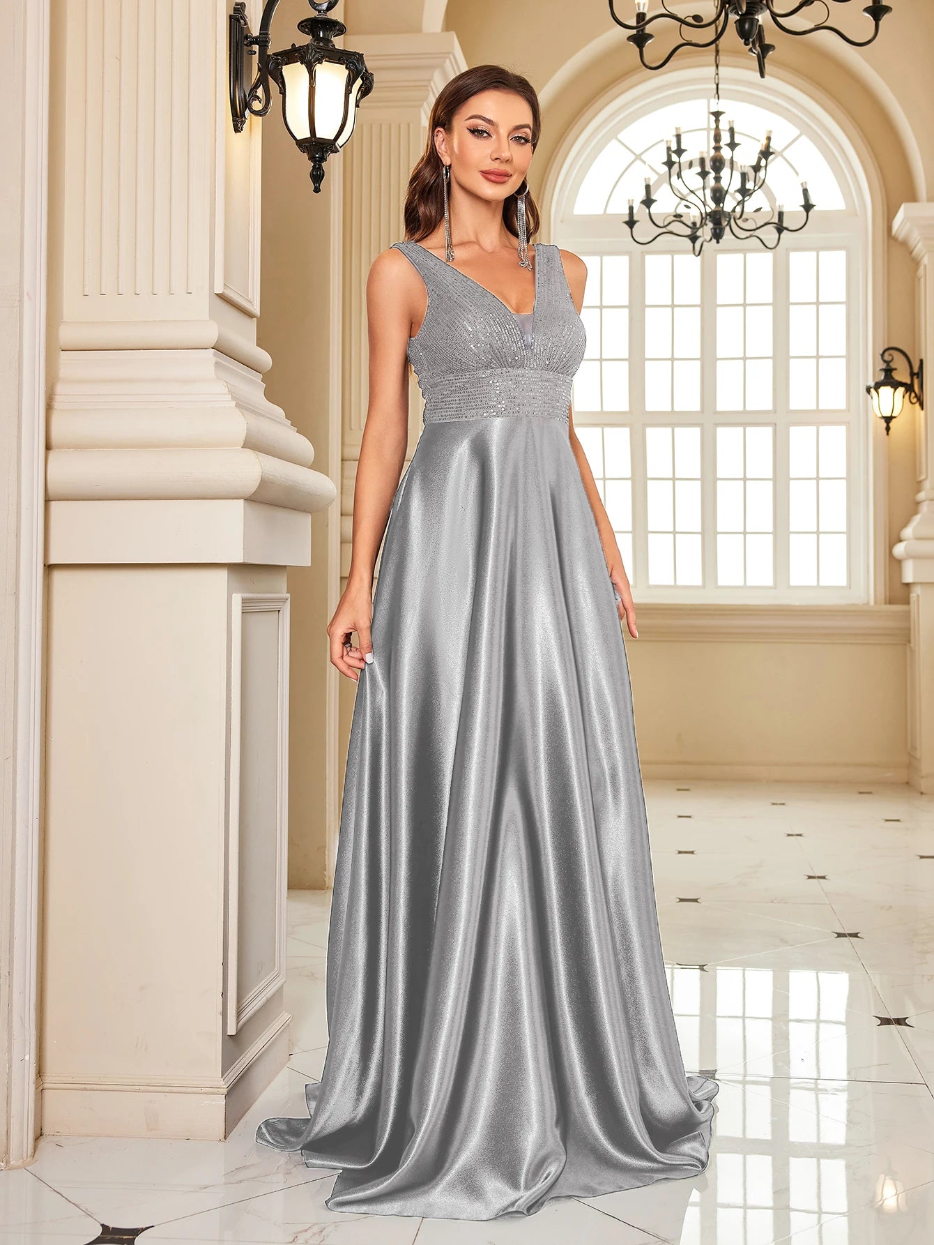 Elegant Dresses- Elegant Satin & Sequin Gown - Evening Dress- - Chuzko Women Clothing