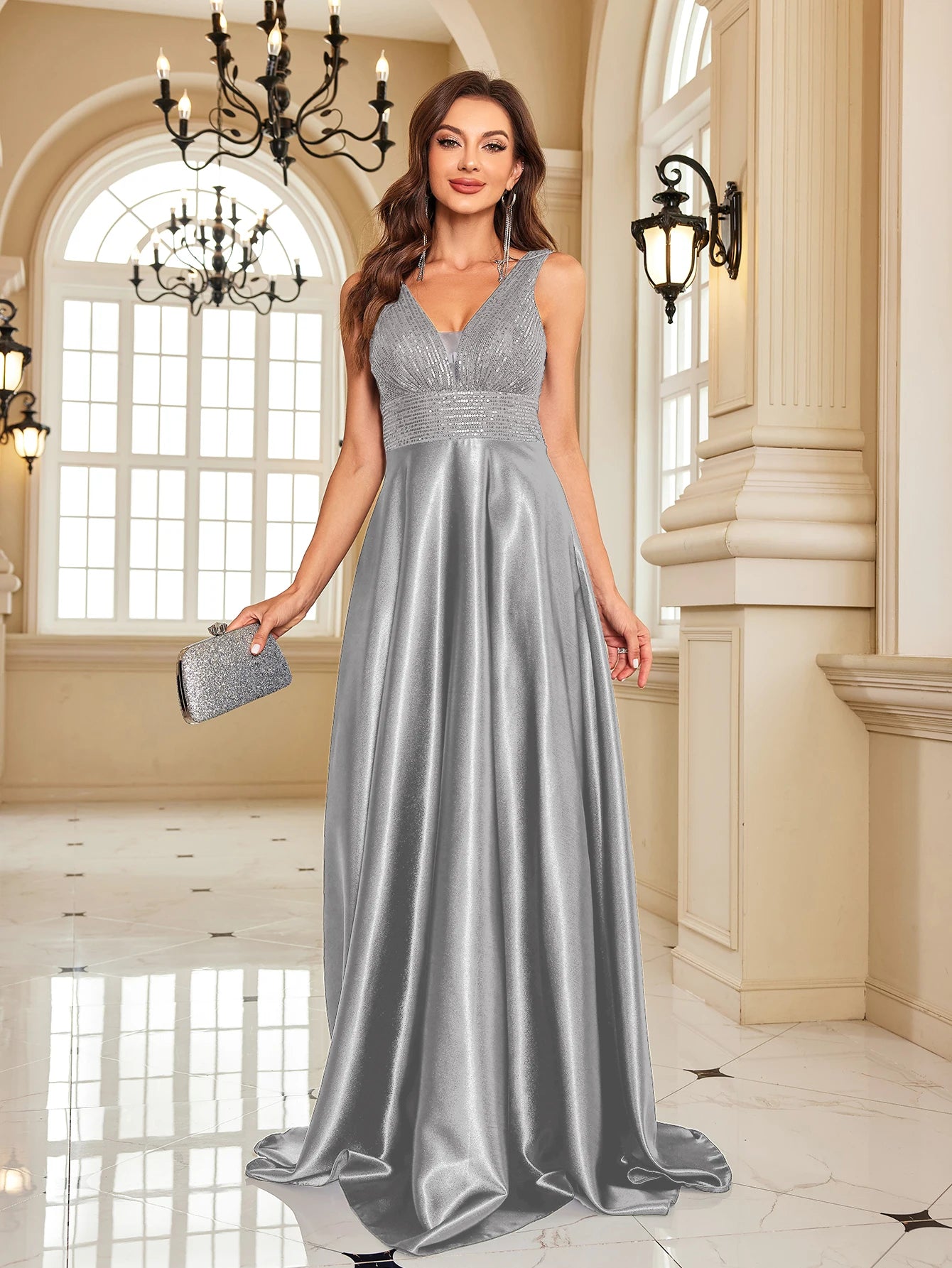 Elegant Dresses- Elegant Satin & Sequin Gown - Evening Dress- - Chuzko Women Clothing
