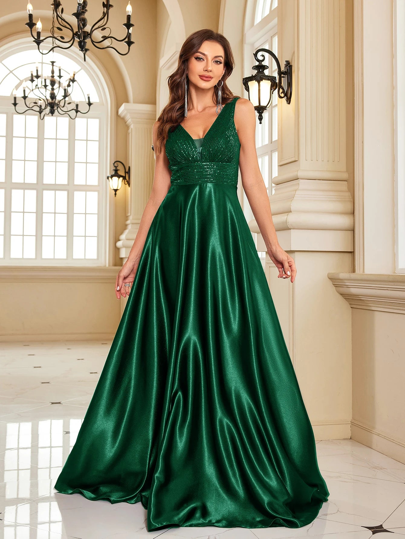 Elegant Dresses- Elegant Satin & Sequin Gown - Evening Dress- - Chuzko Women Clothing