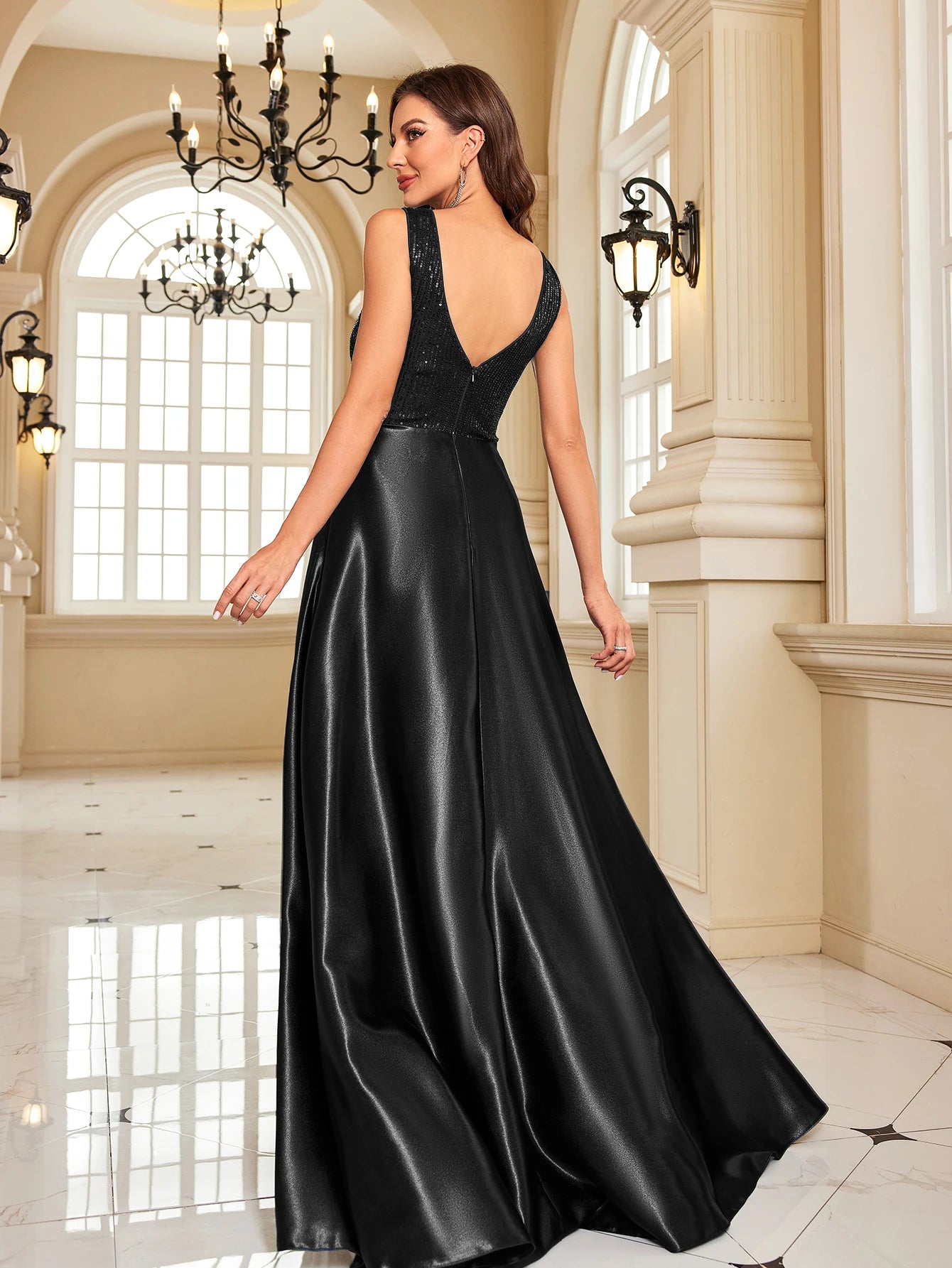 Elegant Dresses- Elegant Satin & Sequin Gown - Evening Dress- - Chuzko Women Clothing