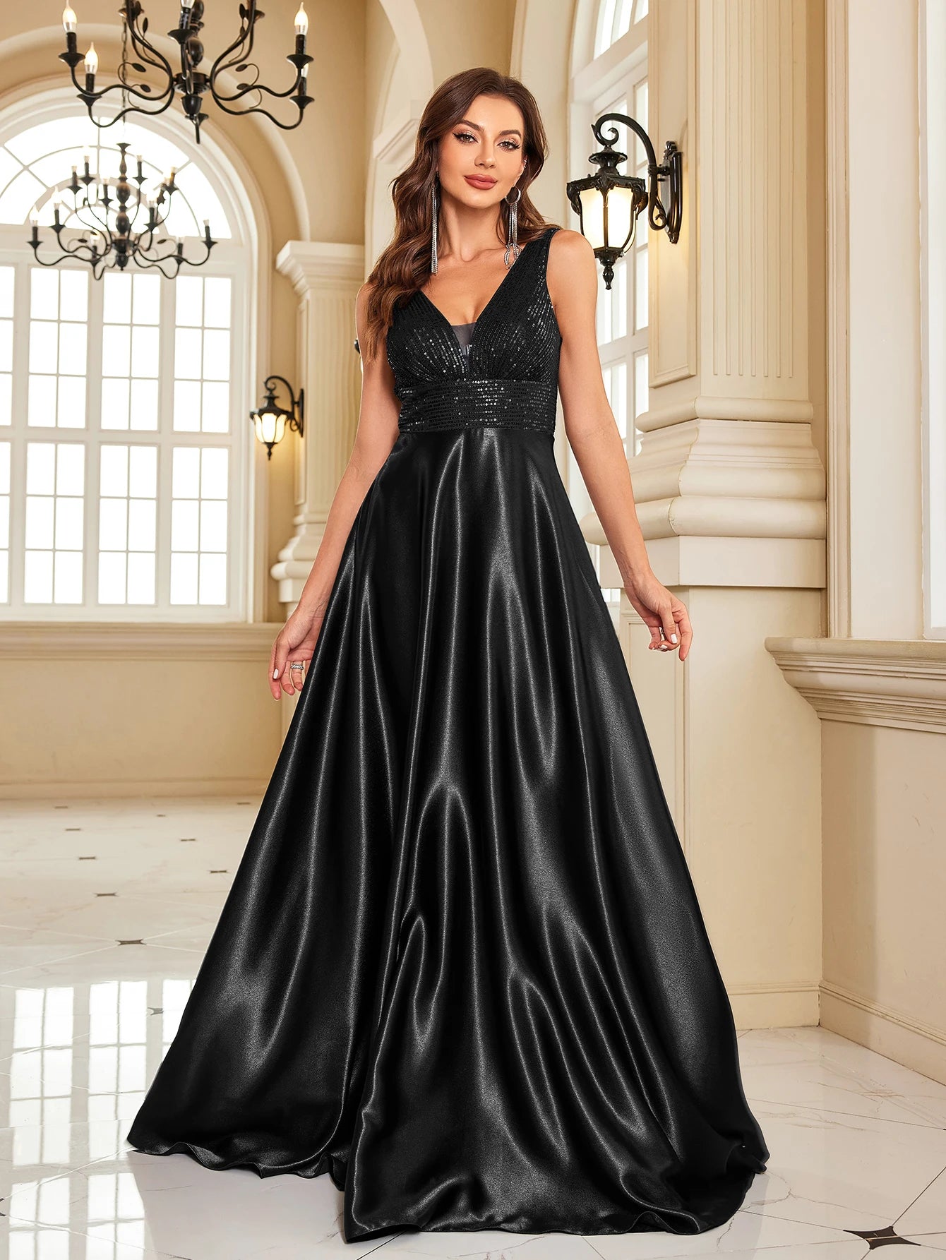 Elegant Dresses- Elegant Satin & Sequin Gown - Evening Dress- - Chuzko Women Clothing