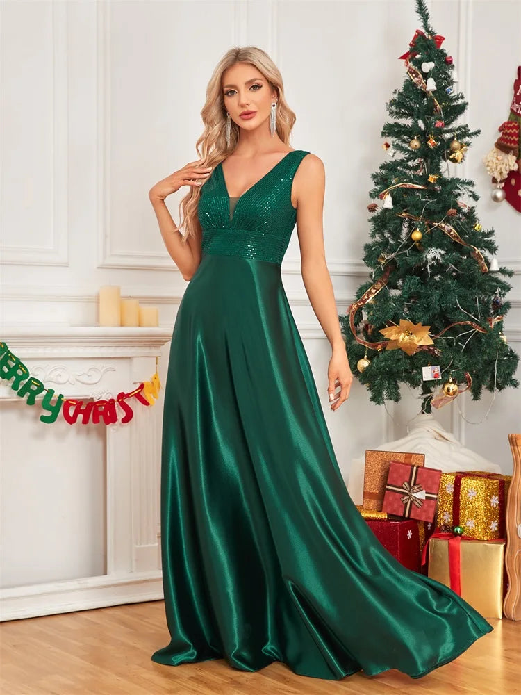 Elegant Dresses- Elegant Satin & Sequin Gown - Evening Dress- - Chuzko Women Clothing