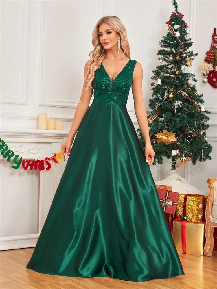 Elegant Dresses- Elegant Satin & Sequin Gown - Evening Dress- - Chuzko Women Clothing