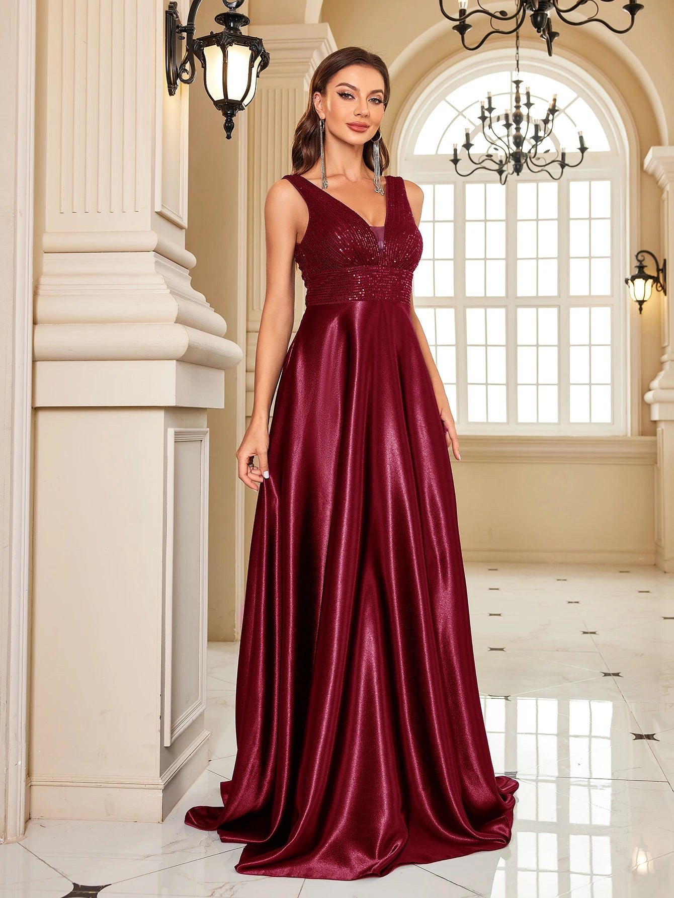 Elegant Dresses- Elegant Satin & Sequin Gown - Evening Dress- - Chuzko Women Clothing