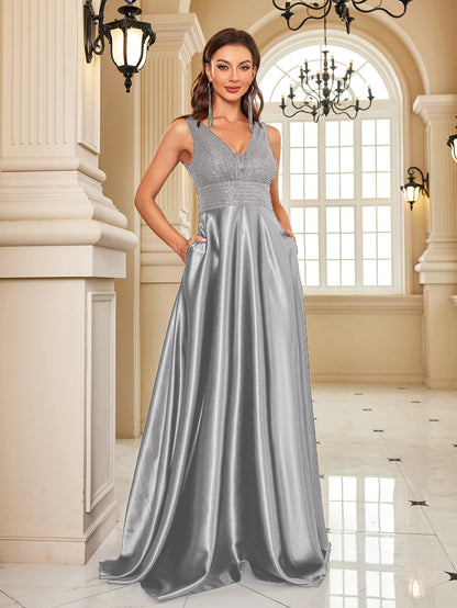 Elegant Dresses- Elegant Satin & Sequin Gown - Evening Dress- Silver- Chuzko Women Clothing