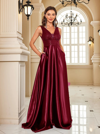 Elegant Dresses- Elegant Satin & Sequin Gown - Evening Dress- Burgundy- Chuzko Women Clothing