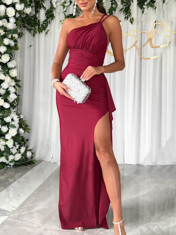 Elegant Dresses- Evening One-Shoulder Slit Maxi Dress for Elegant Occasions- - Chuzko Women Clothing