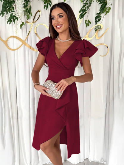 Elegant Dresses- Flounce Elegance A-Line Surplice V-Neck Cocktail Dress- Wine Red- Chuzko Women Clothing