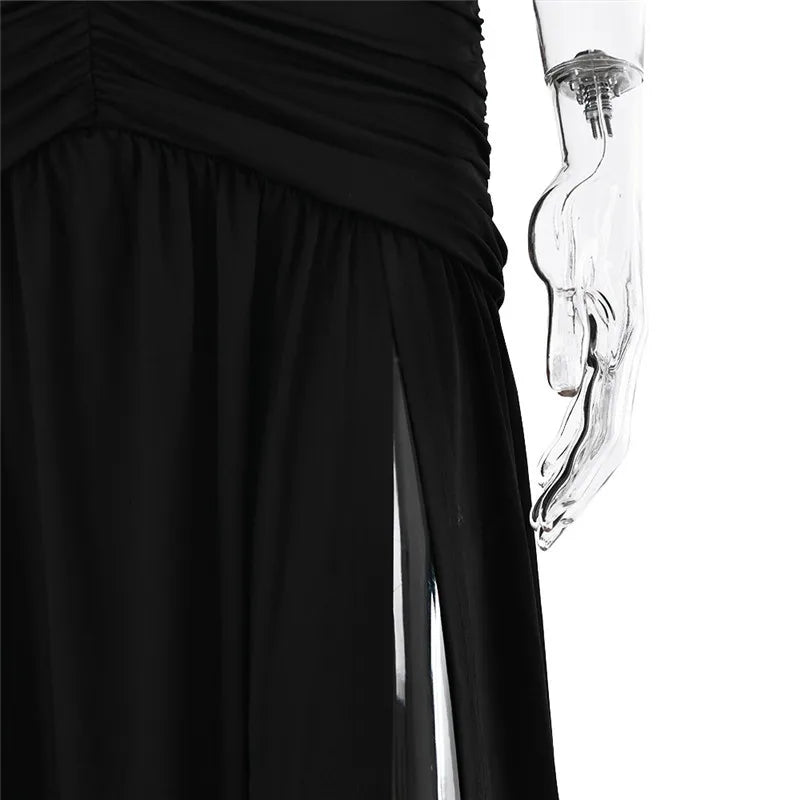 Elegant Dresses- Halter Gown Backless Plunge Slit Maxi Dress for Evening Elegance- - Chuzko Women Clothing