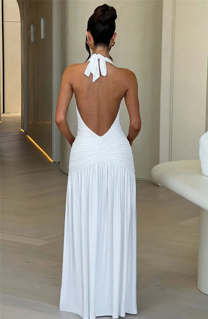 Elegant Dresses- Halter Gown Backless Plunge Slit Maxi Dress for Evening Elegance- - Chuzko Women Clothing