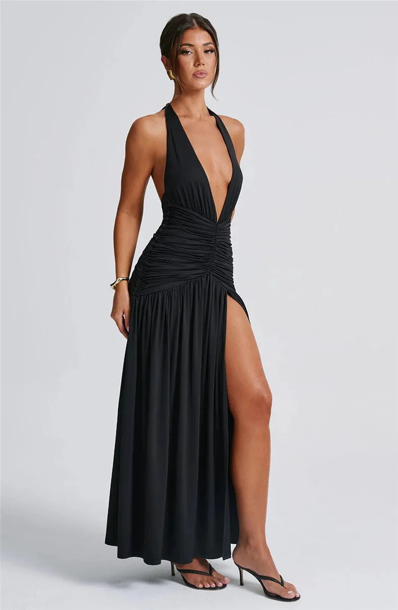 Elegant Dresses- Halter Gown Backless Plunge Slit Maxi Dress for Evening Elegance- - Chuzko Women Clothing